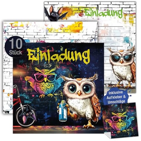 TOBJA 10x Einladungskarten Kindergeburtstag Mädchen & Jungen Graffiti Eulen Design XXL 15 x 15 cm | mit Stickern & Umschlägen | Geburtstagseinladungen für Teenager & Kinder (inkl. Umschläge)