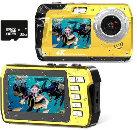 Underwater Camera 4K 48MP Waterproof Digital Camera with 32GB Card, Dual Screen Selfie (Front & Back), 10ft/3M Diving for Snorkeling, Surfing, Rafting, Swimming, Traveling