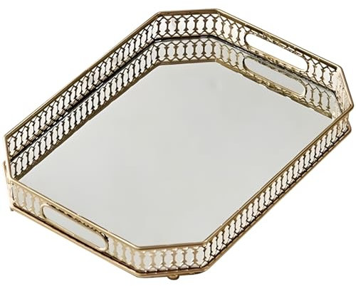 Funabridge Bandeja de tocador de espejo dorado con asas, organizador de cristal de 13.8 x 9.8 pulgadas para joyas, maquillaje y decoración