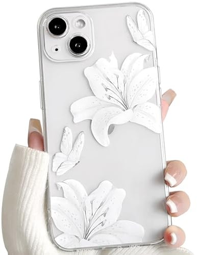 NITITOP for iPhone 13 Mini Case Clear Cute Flower Lily, White | for Women Girls, Aesthetic Floral Butterfly Design, Transparent Soft TPU Shockproof Cover, Full Camera Protection
