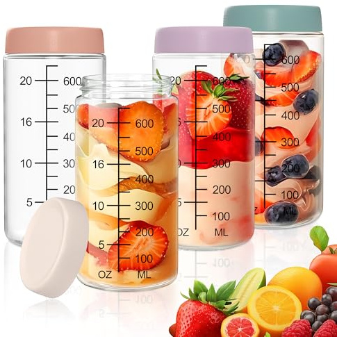 Yoassi 4 Pcs Pots pour Overnight Oats Gradués,700ml Bocaux en Verre avec Antidérapant Couvercle Hermétique pour Gruau de Nuit,Porridge,Yaourt,Réutilisables Pots de Conservation pour Confiture,Graines