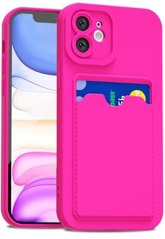 LoeoeL for iPhone 11 Case with Card Holder Slim, Thin Silicone Wallet Phone Case with Credit Card Slot for Women Men, Soft Rubber Gel TPU with Pocket Shockproof Camera Cover, Neon Hot Pink