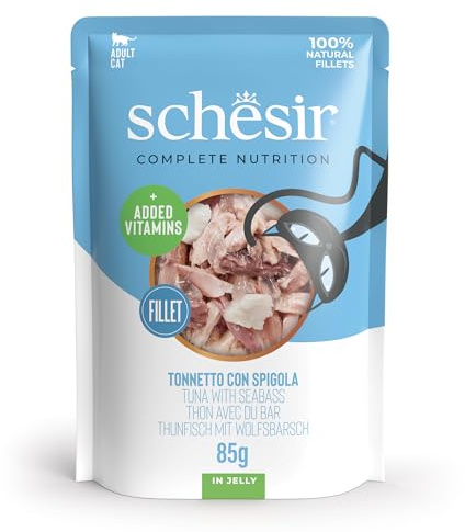 Schesir, Thunfisch mit Rand in Gelee, komplettes Nassfutter für Katzen, im Beutel, 100% natürliche Inhaltsstoffe, tierversuchsfrei, 12 x 85 g