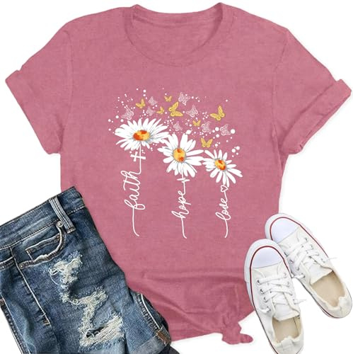 Qskall Womens Christian T-Shirts Daisy Floral Shirt Faith Hope Love Tee Butterfly Tops Pink