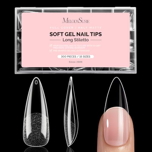 MelodySusie Long Almond Stiletto X Nail Tips - 300Pcs 15 Sizes | Clear Acrylic, Half Matte Full Cover Press on Nails for DIY Extension & Salon Use,Pre-Shaped for Long-Lasting Manicure