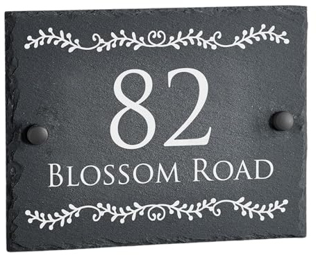 House Signs Direct Bespoke Slate House Sign, Rustic Grey, Floral Motif | Natural grey slate plaque with botanical detail and fixings included, weather-resistant, ideal for outdoor door mounting.