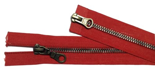 Reißverschluß Metall teilbar 2-Wege 65 cm rot altmessing