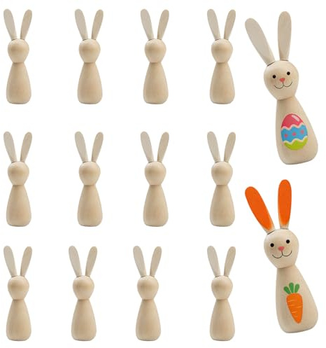 Xevinas 12 Stück Holzhasen Zum Bemalen, Natürliche Osterhase Holzfiguren DIY Osterdeko, Ostern Bastelset Deko Hase Interaktives Eltern-Kind-Spielzeug, Für Kinder Ostern Und Frühling Zum Dekorieren