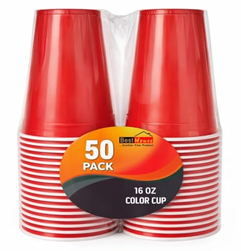 BH - Bicchieri di plastica rossi, 470 ml, confezione da 50, bicchieri per feste, eventi, tutti i giorni, Natale, giochi, matrimoni e picnic, bicchieri rossi riutilizzabili e riciclabili