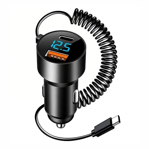 100W Cargador Coche Carga Rapida USB-C/A con Cable Espiral 1.2m Tipo-C, Cargador de Coche USB, Cargador Mechreo Coche USB C Movil, Accesorios Coche 12V/24V para iPhone, Samsung, Xiaomi, Huawei