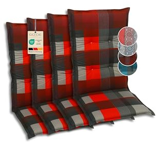 GO-DE Textil Bequeme und attraktive Polsterauflagen für Mittellehner-Gartenstühle (4er-Set, Karo rot, Mittellehner)