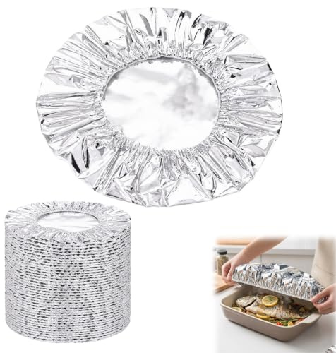 50 pcs Stretchy Foil Food Covers,Aluminium Foil Covers for Food, Stretch Covers for Leftover Storage and Outdoor Dining, Plate Covers for Food.