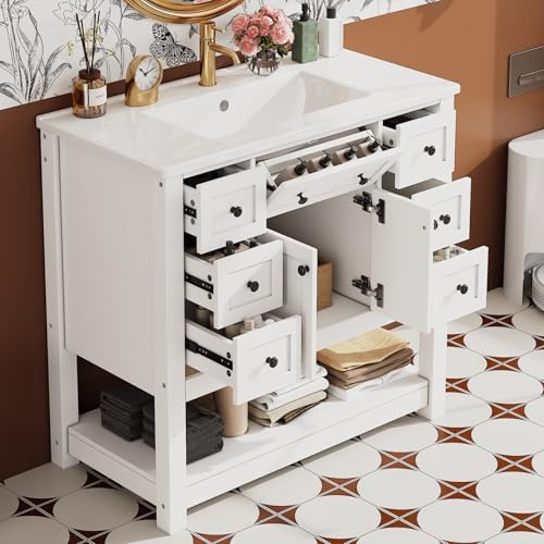 Easexcy Mueble de baño completo de 92 cm, con lavabo de cerámica, puerta doble, 7 cajones y estante inferior para baño pequeño y aseo de invitados