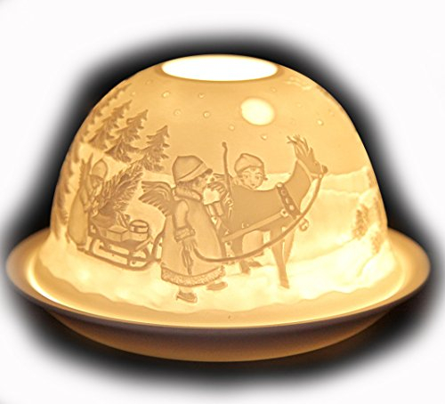 Windlicht Bisquit- Porzellan gemütliche Winter- Dekoration (Kinder mit Schlitten und Rentier)