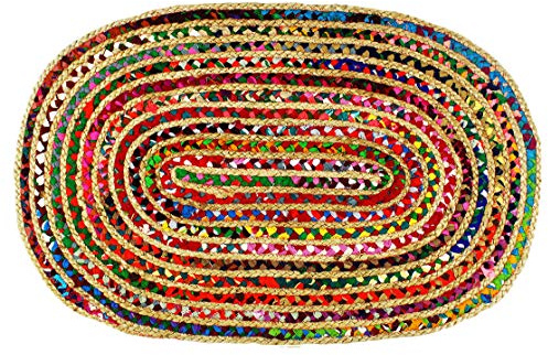 Cotton Craft - 90 x 150 cm ovaler Flickenteppich, Jute & Baumwolle, Multi Chindi Flechtteppich, handgewebt & wendbar – handgewebt aus mehrfarbigen, lebendigen Stofflappen