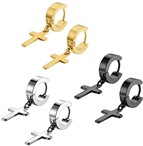Flongo 3 Paires Acier Inoxydable Clou d'oreille Boucle d'Oreille Clou d'Oreille Doré Argent Noir Ronde Croix Pendentif Rétro Homme Femme