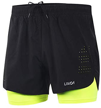 Lixada Short de Course 2 en 1 pour Homme - Séchage Rapide - Respirant - avec Chausson Long, Vert, L