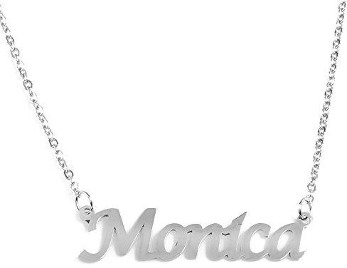 Kigu Monica - Collar de tono plateado con nombre personalizado, cadena ajustable de 40,64 cm a 48,26 cm, Plata