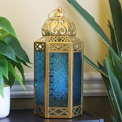 Metallische marokkanische dekorative Kerzenlaternenhalter zum Aufhängen oder für Tisch, Ramadan, Terrasse oder Veranda im Freien, Hochzeiten, goldenes, blaues Glas, groß