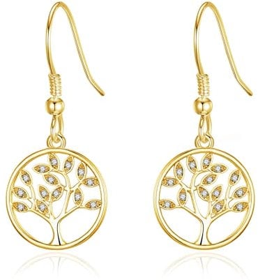 Boucles d'oreilles pendantes en forme d'arbre de vie en plaqué or avec cristaux provenant d'Autriche