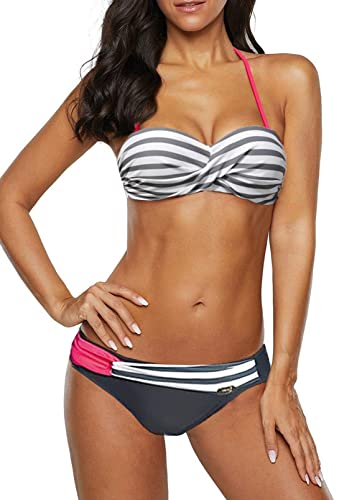 Dokotoo Bandeau Bikini Damen Push Up Zweiteilige Badeanzug Bademode Bikini Set, 01-Grau, L