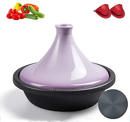 Thickened Cast Iron Tagine Pot, with Gloves Potholder, for Different Cooking Styles and Temperature Settings, Enameled Tajine, Oven Safe Dish Clay / 27cm with Thermal Board/Purple