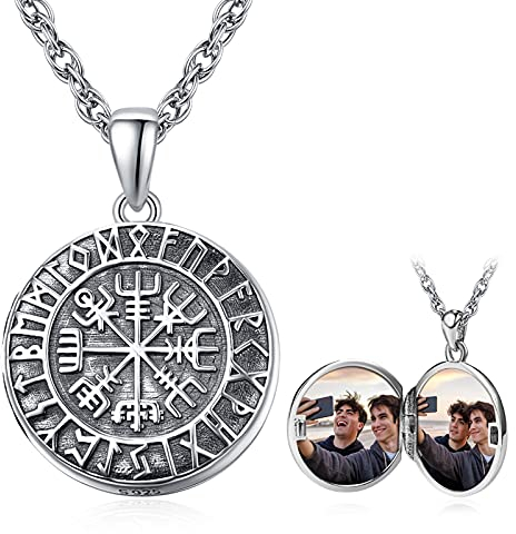 KINGWHYTE Wikinger Medaillon Halskette, dass halten Bild 925 Sterling Silber Vegvisir Foto Anhänger Wikinger Amulett Schmuck Graduierung Geschenke für Frauen Männer