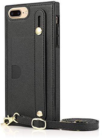 Crossbody Mobile Phone Case and Wallet Covers for iPhone 7 Plus/8 Plus, Wallet Case Full Body Shockproof Kickstand Protective Cases, Stand Bracket with Finger Strap, Card Holder (Black)