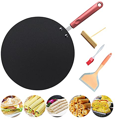 Padella per Crepes Padella Antiaderente Set, 30cm No Edge Padella per Crepes con Pennello per Olio, Fader e Spatola in Silicone per Frittelle, Tortilla, Frittate e Crepes di Rivestimento Antiaderente