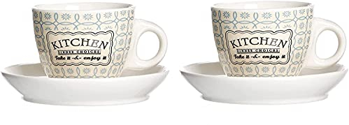 Ritzenhoff & Breker Espressotassen Retro Kitchen 2er Set I kleine Becher mit Henkel alternativ auch für Kaffee Lungo Americano Ristretto & Co I Porzellan Tasse mit Unterteller 80 ml in Creme blau