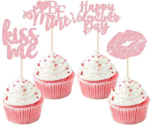 Gyufise 24 Stück rosa Glitzer Happy Valentine's Day Cake Toppers Be Mine Cake Toppers Kiss Me Lippenstift für Valentinstag Thema Süße Liebe Thema Hochzeit Verlobung Brautdusche Party Kuchen