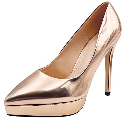 Yyyuluo Donna Tacchi con Plateau - 12cm Pelle Verniciata Scarpe da Corte Sexy Appuntito Tacchi a Spillo Moda Scivolare su Stiletti Festa Nozze Tacco Alto Vestito Pumps Oro Rosa 41EU