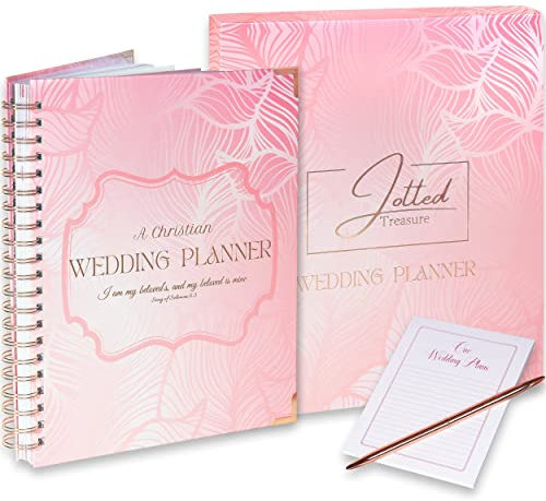 Jotted Treasure Christian Wedding Planner and Organizer – Complete Spiral Binding Set - Wedding Planning Book with Keepsake Box, Notepad, Elegant Pen – Deluxe Rose Gold Planner - Large