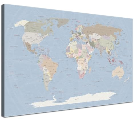 LANA KK Weltkarte-Pinnwand als Leinwandbild, pinne Deine Reisen und Erinnerungen – World Map Ice Blue - Deutsch - Landkarten-Wandbild in hellblau, 80 x 60 cm