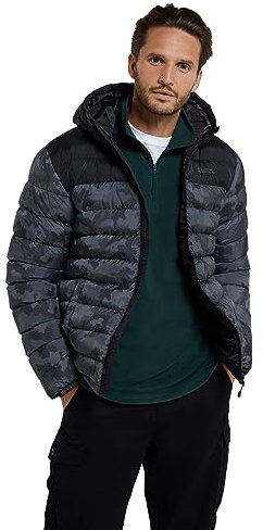 Mountain Warehouse Season Mens Padded Jacket - Water Resistant Puffer Coat, Lightweight, Warm, Lab Tested to -30C, Microfibre Filler - For Travelling, Walking Black Camo XXS