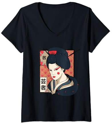 Damen Traditionelle Japanische Geisha Mode Kultur T-Shirt mit V-Ausschnitt