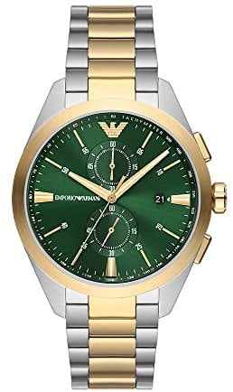 Emporio Armani Watch For Men, 2 sub dial Chronograph Movement and 43mm Case Size with Stainless steel, Leather or Silicone strap Goldton und Grün , 43MM