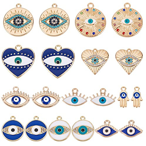 SUNNYCLUE 1 Box 40Pcs Evil Eye charm Evil Eyes Valentine's Day Heart Large Flat Round Rhinestone Hamsa Hand Lucky Love for Jewellery Making Charm Earrings Necklace DIY Craft