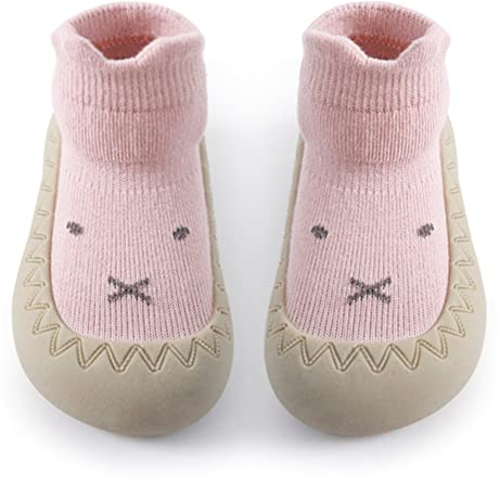 Exemaba Baby Sockenschuhe Rutschfeste Niedlicher Cartoon Weicher Stricken Babybodenschuhe Kleinkind Schuhe 1-Paar(Rosa Kaninchen,Tag21/ 6-12M)