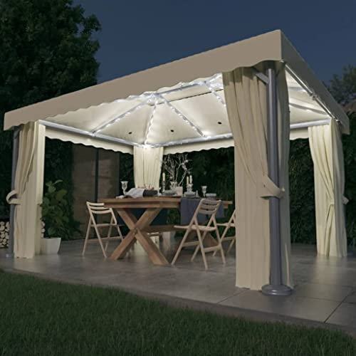 HOMIUSE Gazebo con Tende e Stringa di Luci LED 4x3 m Bianco Crema Pergolato Da Giardino Gazebo Da Giardino Tenda Esterno Impermeabile Gazebo Esterno Per Attività All'Aperto Fornendo