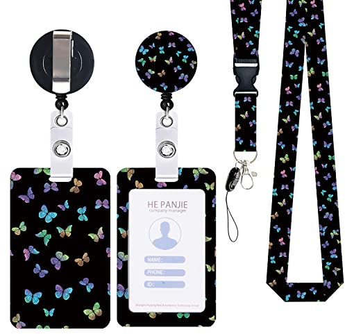 Zemolo Porte Badge de Carte d'Identification avec Cordon Tour de Cou, Porte-cartes Swivel Lobster Clasp avec Lanières Rétractables pour Cartes d'étudiant d'infirmière Clés Caméra Papillon