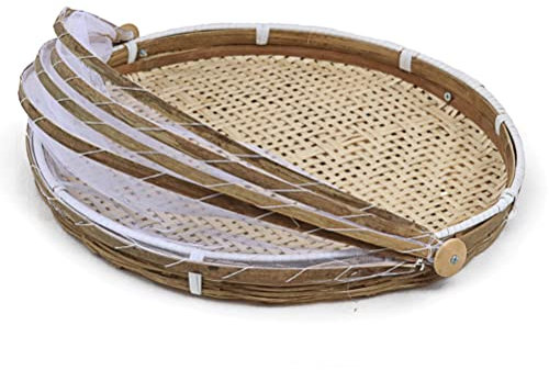 Picnic Mesh Food Covers Tent, Round Food Basket Covered Serving Food Tent Basket Hand Woven with Mesh Cover (40cm)