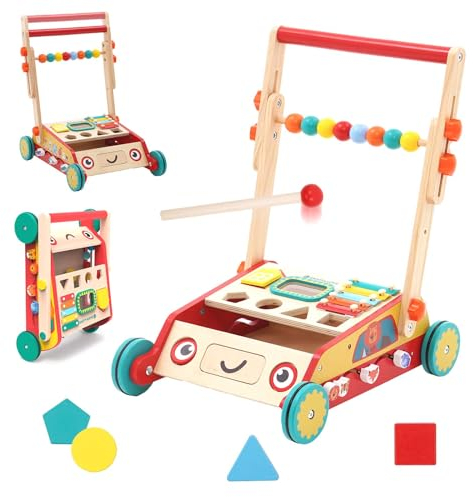 Trotteur bébé, Chariot de Marche multi-activités 2 en 1, Pousseur Évolutif avec Frein et Poignée Ajustable, Motricité, Développement cognitif Chariot de marche en bois, Jouet pour Bébé 1 an