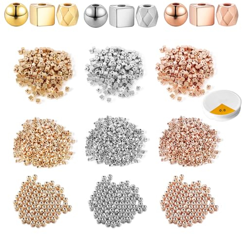 Kitnelw 3000 Stück Perlen für Armbänder 3-4mm Silber Roségold Gold Perlen zum Auffädeln Perlen Set Schmuckherstellung Zubehör