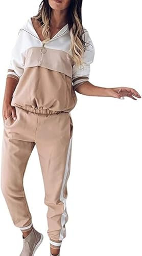 Donna Tuta Sportiva Set Tute da Ginnastica Sportive Complete Felpa Ragazza con Cappuccio Pantaloni Jogging Running Hoodie Sports Sweatshirt Leggera Pantalone (IT, Testo, S, Regular, Regular, Kaki)