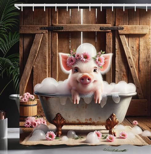 ABAKUHAUS Rustikal Duschvorhang, Lächelndes lustiges Schwein mit Blumenkranz in Blubberbad verwitterte Cottage Scheune, Stoffliches Gewebe mit Haken, 175 x 220 cm, Champagner Ingwer