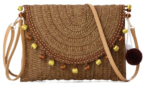 EVEOUT Pochette en Paille Tissée pour Femmes été Clutches Sac à Main en Paille Tressée avec Bandoulière et Pompons pour Parti Mariage Plage Vacances(Marron foncé Balle)