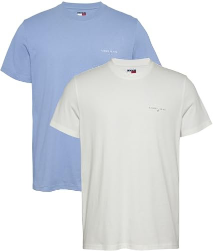 Tommy Jeans Men’s 2 Pack Linear Chest Short Sleeve Round Neck T-Shirts, Multicolor (Colorado Blue/Ecru), L