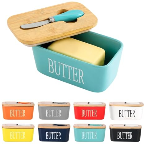 Porcelain Butter Dish, European Size Ceramic Butter Container with Wooden Lid, Butter Container with High Quality Silicone Seal, Perfect for Butter, Nuts, Cheese, 650ml