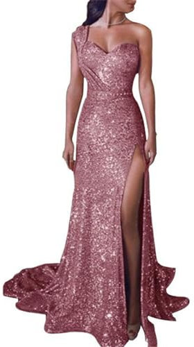 YIMAIWLX Vestito Abito Elegante da Donna Abito da Sera Lungo Una Spalla con Abito Senza Maniche Abito Senza Maniche Abiti da Cocktail Abiti da Matrimonio-Oro Rosa-XXXL